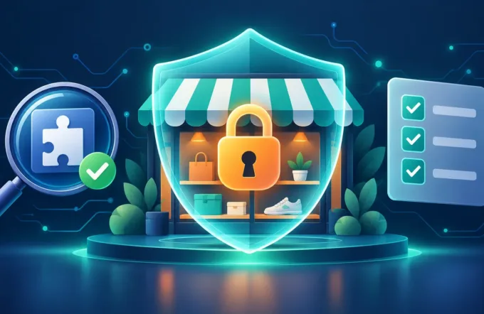Illustration of an online store protected by a shield and padlock next to a security checklist