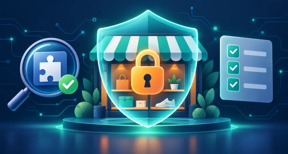 Illustration of an online store protected by a shield and padlock next to a security checklist