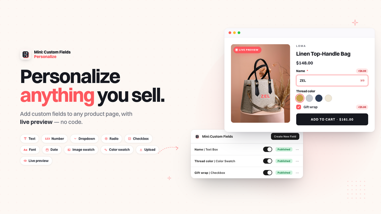 Mini Custom Fields product personalization options on a Shopify product page