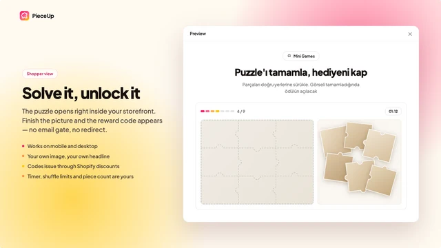 PieceUp jigsaw puzzle that unlocks a Shopify discount code