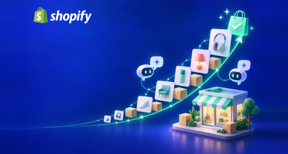 Illustration of a glowing exponential growth curve made of product cards and parcels, with AI chat bubbles and a storefront, representing Shopify Editions Fall '26
