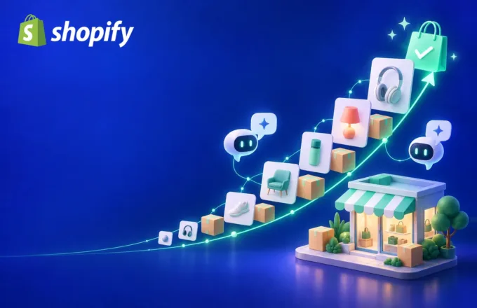 Illustration of a glowing exponential growth curve made of product cards and parcels, with AI chat bubbles and a storefront, representing Shopify Editions Fall '26