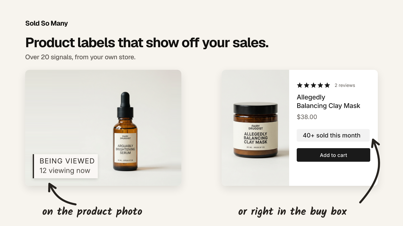 SSM Sold Counter showing sold counts and best-seller badges on Shopify products