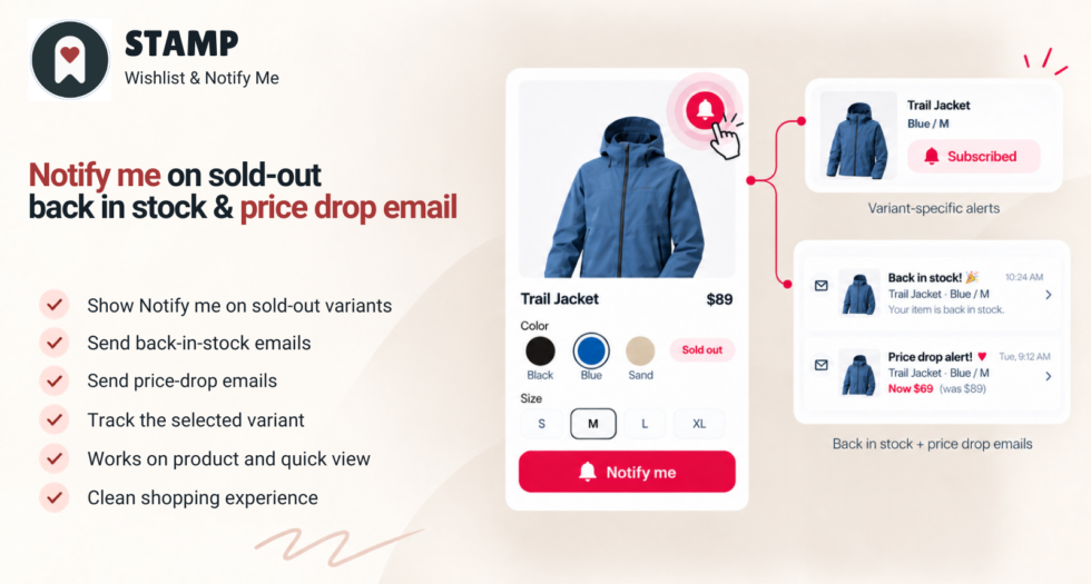 Notify Me button on a sold-out Shopify variant with Stamp back-in-stock alerts
