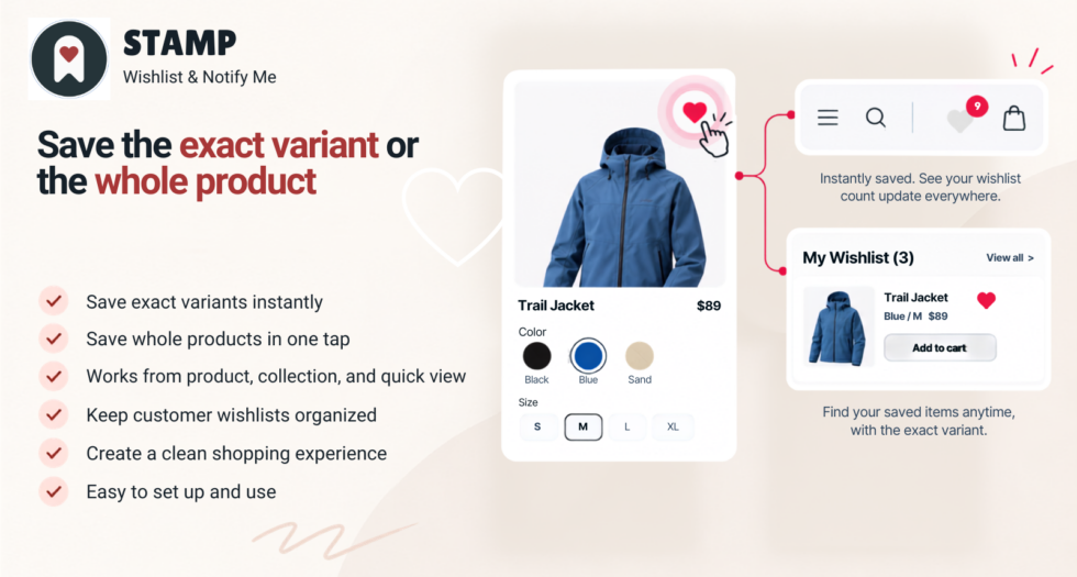 Shopper saving the exact size and color variant to a wishlist with Stamp