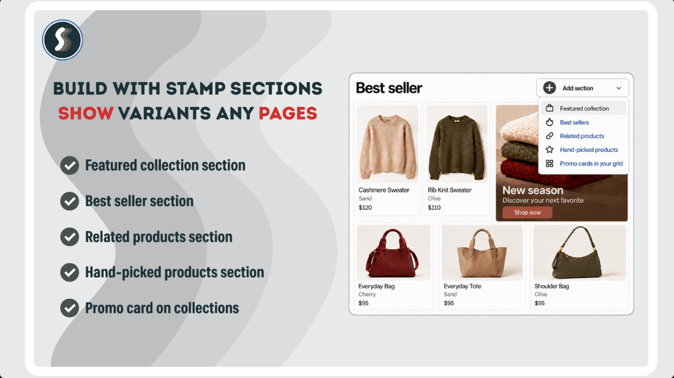Stamp: build with sections and show variants on any page